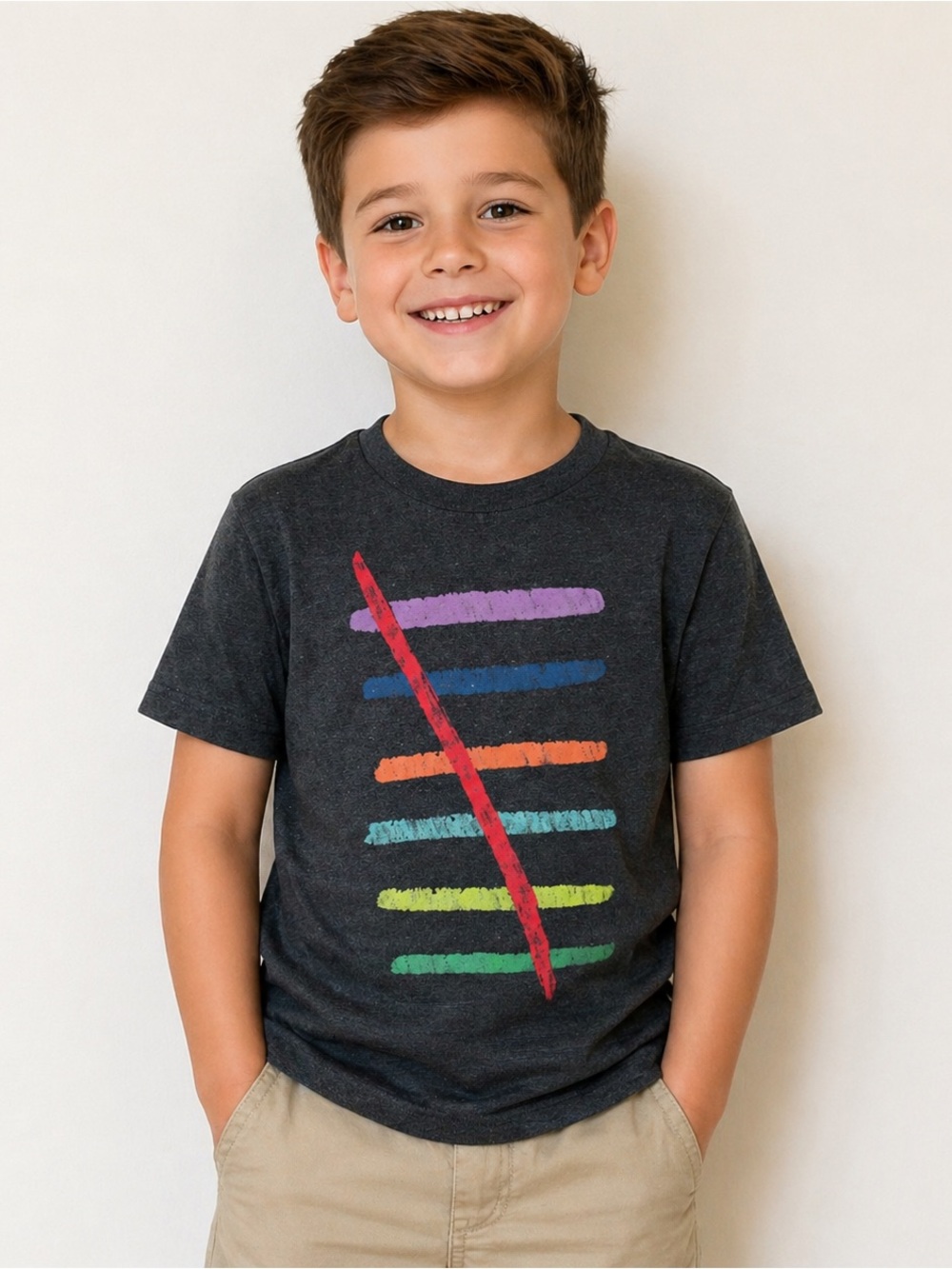 Boys Charcoal Graphic Tee with Colorful Chalk Stripe Design 18 m